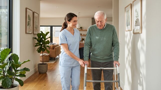 Nurse assists an elderly man walking with a mobility walker through a bright hallway to encourage safe physical activity and independence.