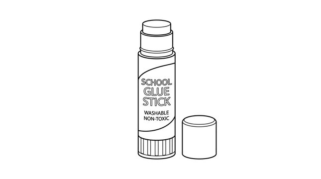 A black and white line drawing of a school glue stick with its cap off to the side on a plain white background.