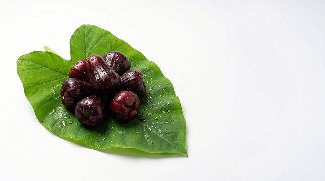 Fresh ripe dark red wax apples on a green leaf isolated on a white background with copy space