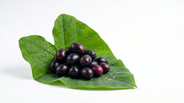 Fresh ripe jamun fruits or java plums on a green leaf isolated on a white background