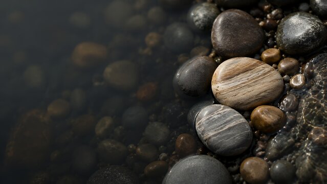 Pebbles on a rocky shoreline beside calm water