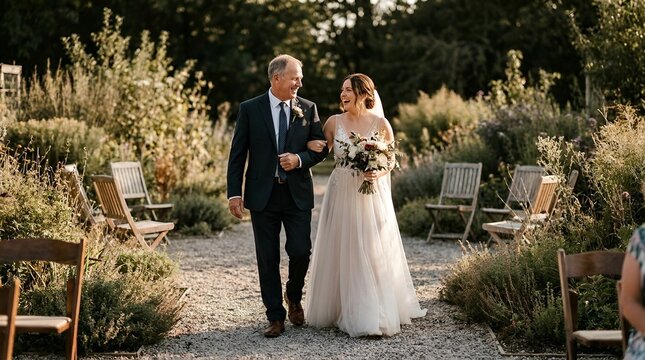 Father escorting bride down aisle at outdoor wedding ceremony, happy moment