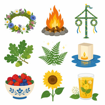 Set of cute cartoon white goat characters engaged in various gardening and farming activities, including eating sunflowers, using a wheelbarrow, watering plants, and posing with tools.