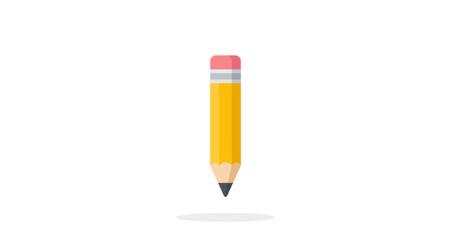A yellow pencil with a pink eraser and silver band stands upright on a white background with a subtle shadow underneath.