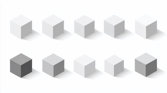 Ten isometric cubes in two rows, various shades of gray on a white background