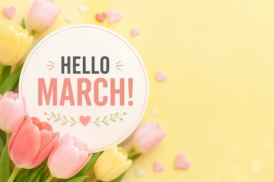 Hello March badge with tulips on pastel background