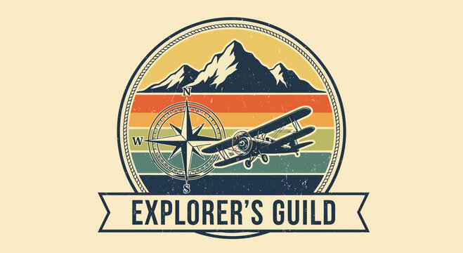 Vintage Explorer's Guild Logo: Biplane, Mountains, Compass, Retro Sunset