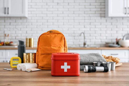 Collection of essential items for emergency preparedness kit, including backpack, first aid kit, water bottle, and other survival gear.