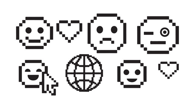 Pixel faces heart and globe icons collection graphic elements abstract pattern.