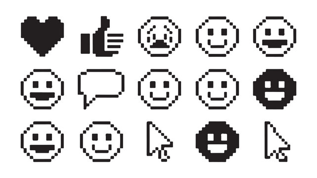 Collection of various pixel art faces and cursors for digital interface design elements.