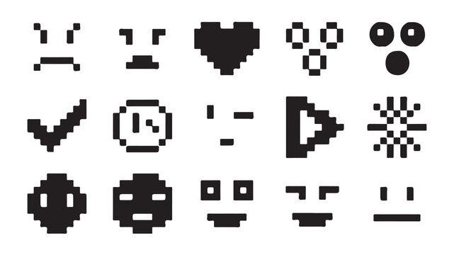 Minimalist pixelated face elements and functional icons for retro digital gaming interfaces.