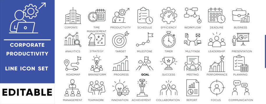 corporate.ai productivity, strategy, target,32 icon set. The set includes time management,Corporate business,  leadership, performance, schedule, deadline, timer, and multitask icon