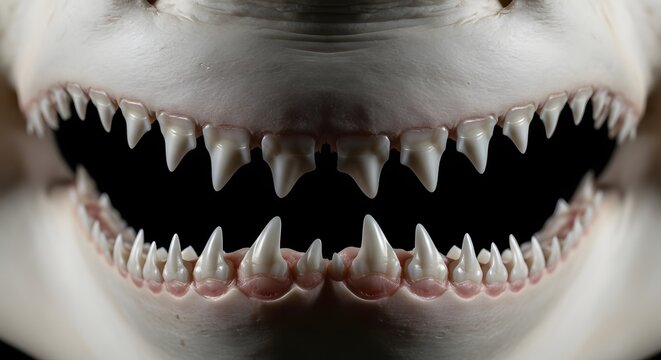 Close-up of a sharks open mouth revealing rows of sharp teeth.