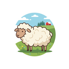 Obraz premium A cute sheep stands in a green field with a barn