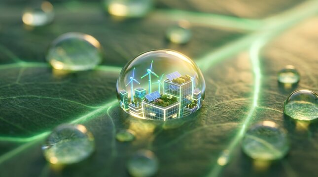 Sustainable energy innovation reflected in a water droplet on a vibrant green leaf, symbolizing a greener future where nature and eco-friendly technology coexist in harmony