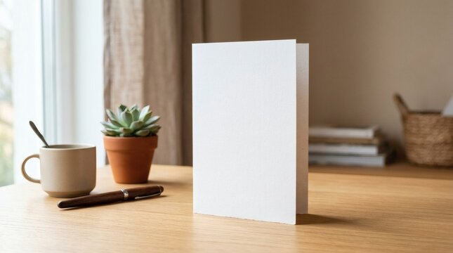 White Greeting Card Mockup Standing Upright Premium Paper Texture Soft Daylight Shadows Minimal Desk
