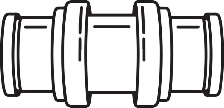 Industrial pipe fitting, mechanical connector, plumbing coupling, black line drawing