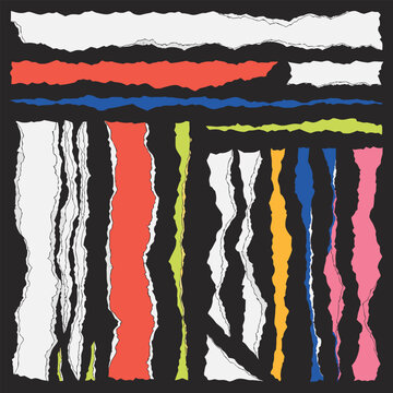 Diverse collection of vertical and horizontal torn paper strips in multiple colors and textures for artistic collage and graphic design layouts set.