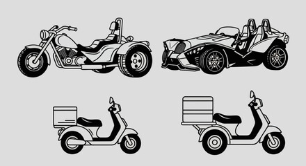 Vehicles including motorcycle, convertible, and scooters are shown © uzumaki
