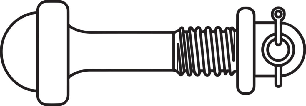 Industrial metal bolt with cotter pin vector illustration, mechanical threaded fastener hardware, steel screw bolt and washer line art icon
