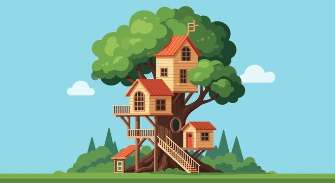 Whimsical Treehouse Village with Wooden Houses and Greenery