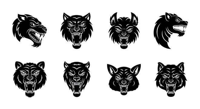 A set of eight wolf heads in different expressions and angles.