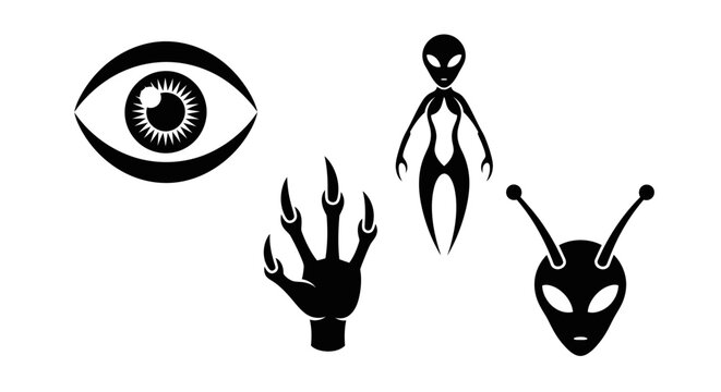 Alien symbols: eye, claw, robot, and extraterrestrial head icons
