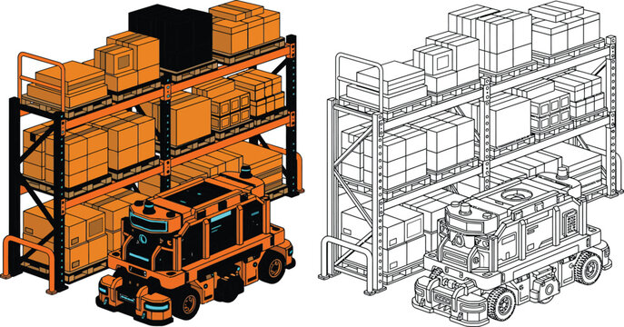 Automated guided vehicle and warehouse shelving with boxes isometric vector illustration for logistics and industry concepts