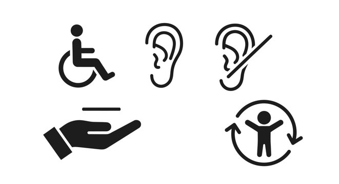 Disability and Accessibility Icons: Wheelchair, Ear, Hearing Loss, Hand, Inclusion