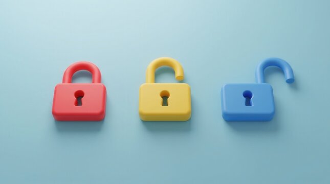 Cyber security and data protection concept with 3D padlocks in different stages of being open. Digital privacy, network safety and encryption progress.
