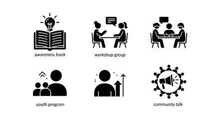 Fototapeta premium Set of 6 business and education icons: book, workshop, meeting, youth, growth, megaphone