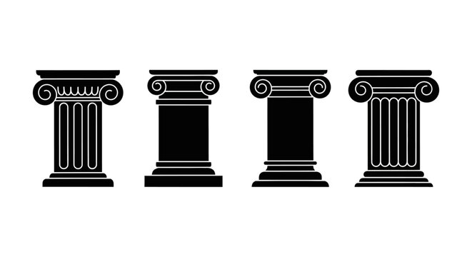Set of ancient Greek ionic columns, black silhouette on white background