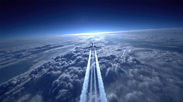Airplane soaring above clouds creating contrails in a bright blue sky