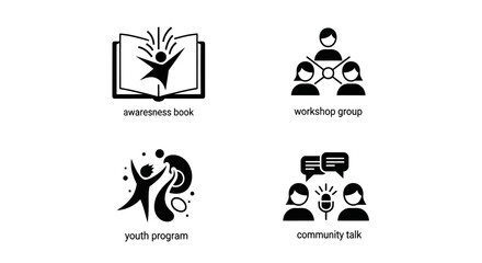 Obraz premium Set of icons: awareness book, workshop group, youth program, community talk