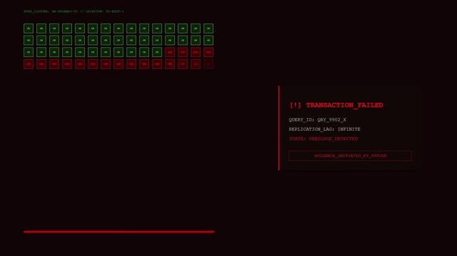 Database Cluster Transaction Failed Screen with Deadlock Detected Warning and System Rollback Initiated Terminal.