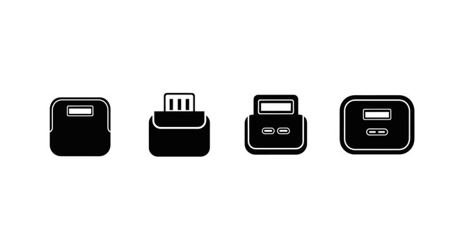 USB Connector Types Icons: USB-A, USB-C, Micro USB, Mini USB