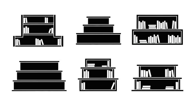 Vector Illustrations of Black Bookshelves with Books