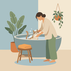 Fototapeta premium A woman gently bathes her cat in a bathtub surrounded by houseplants, creating a serene home spa moment.