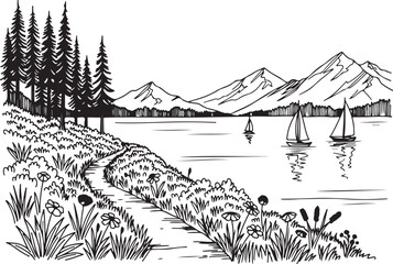 Fototapeta premium Landscape Silhouette Clipart Bundle - Mountain, Forest, Lake & Farm Scenes