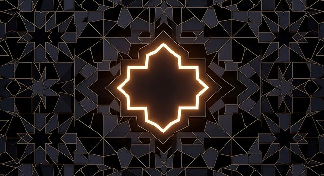 Luminous golden islamic frame with intricate geometric patterns on a textured black wall.