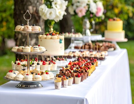Variety of desserts on table outside.