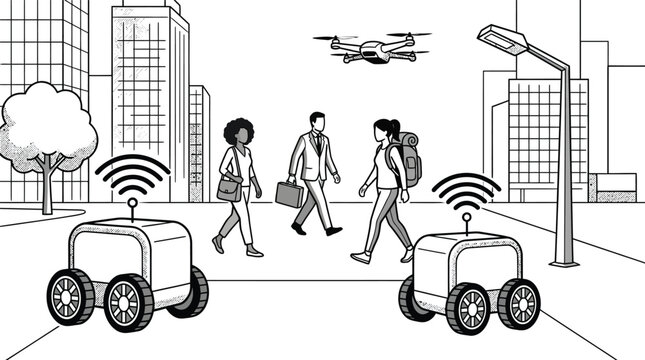Smart City Concept with Autonomous Delivery Robots and Drone on Urban Street