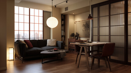 Fototapeta premium Small apartment with Japanese-inspired minimalist interior ,small apartment, cozy small apartment, evening small apartment, photo style
