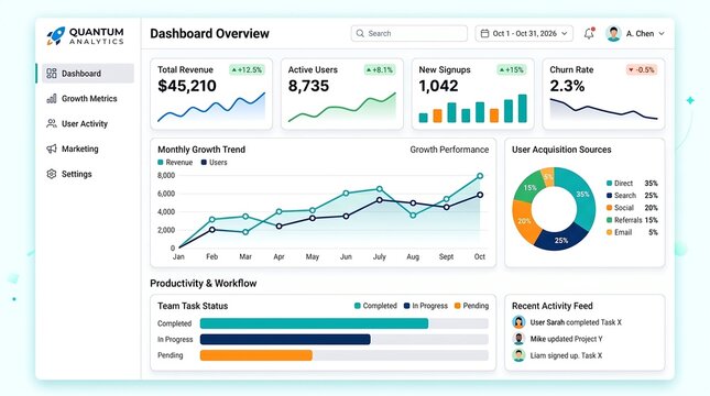 A professional SaaS interface mockup featuring a dark side navigation menu, clean data widgets for total sales, user acquisition charts, and circular progress indicators