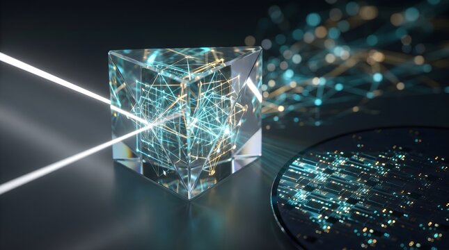 3D render of quantum computing concept with light beam refracting through crystal glass cube over silicon wafer
