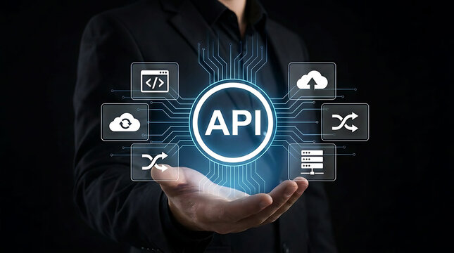 Businessman holding virtual API interface for cloud computing and data transfer