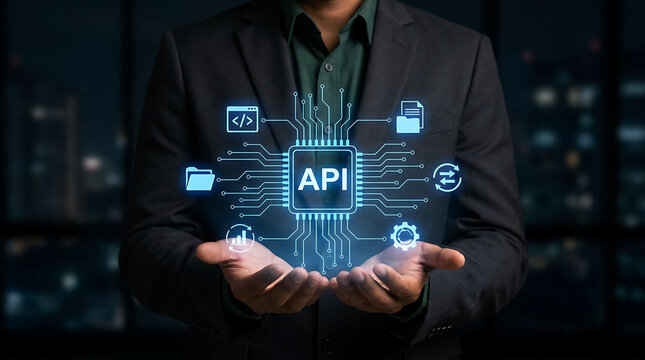 Businessman holding API application programming interface microchip glowing icons