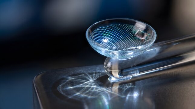 3D render of smart contact lens with digital micro grid interface futuristic wearable technology concept
