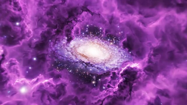 Vibrant Nebula in Cosmic Bloom: A breathtaking spiral galaxy emerges from swirling clouds of luminous purple gas and dust, a celestial masterpiece of stardust and cosmic energy.