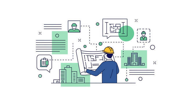 professional architect engineer holding blueprint planning building construction project site development management architectural house design masterplan